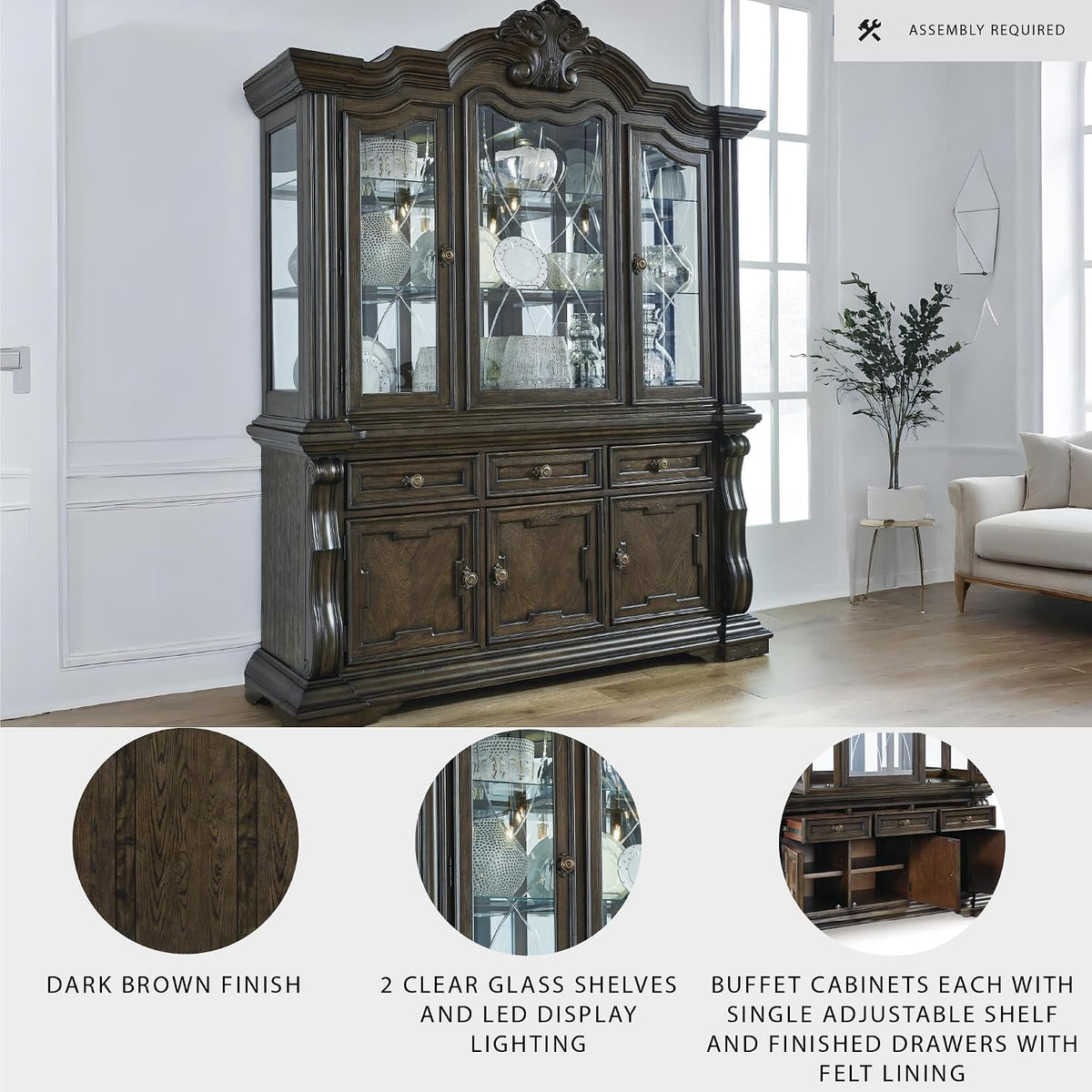 2-Piece Dining Buffet and Hutch, China Cabinet | Hardwood solids, Oak and ash swirl veneers with MDF substrates and