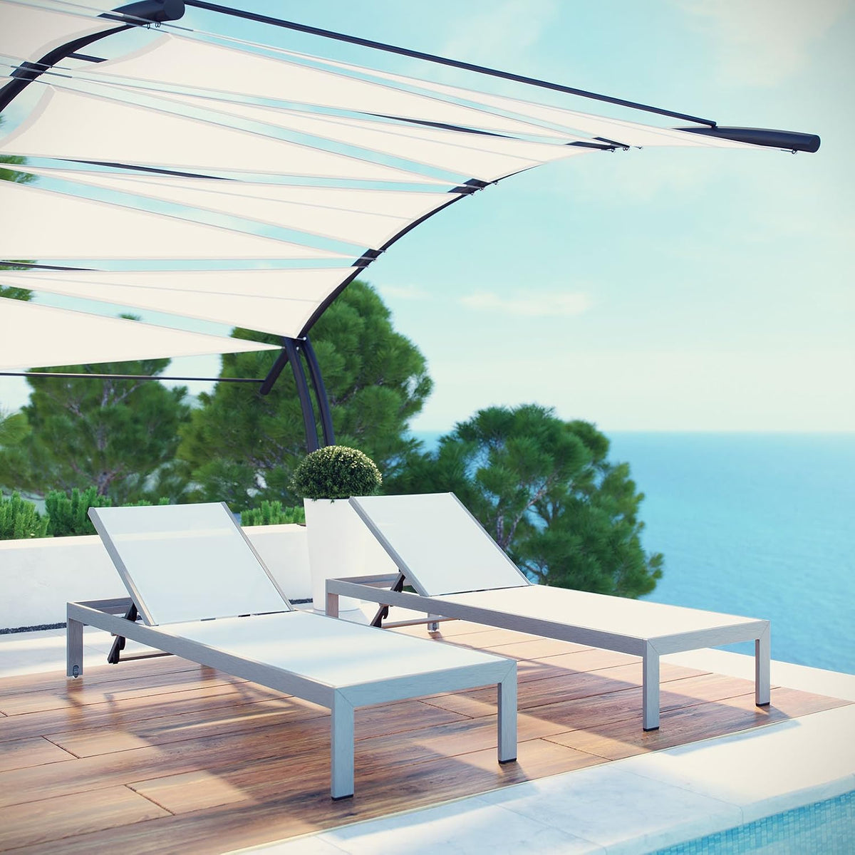 Shore Aluminum Textilene Mesh Outdoor Patio Two Poolside Chaise Lounge Chairs in Silver White
