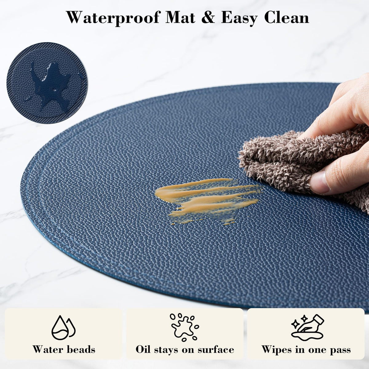 Navy Faux Leather Round Placemats and Coasters, Coffee Mats Kitchen Table Mats, Waterproof, Easy to Clean for Round