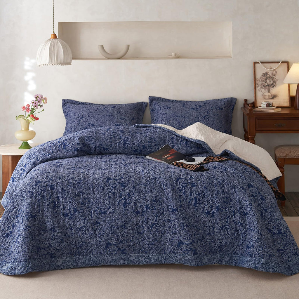 Navy Blue Floral King Size Quilt Set Soft Cotton Double-Layer Neutral Style Paisley Quilt Bedding Set Farmhouse