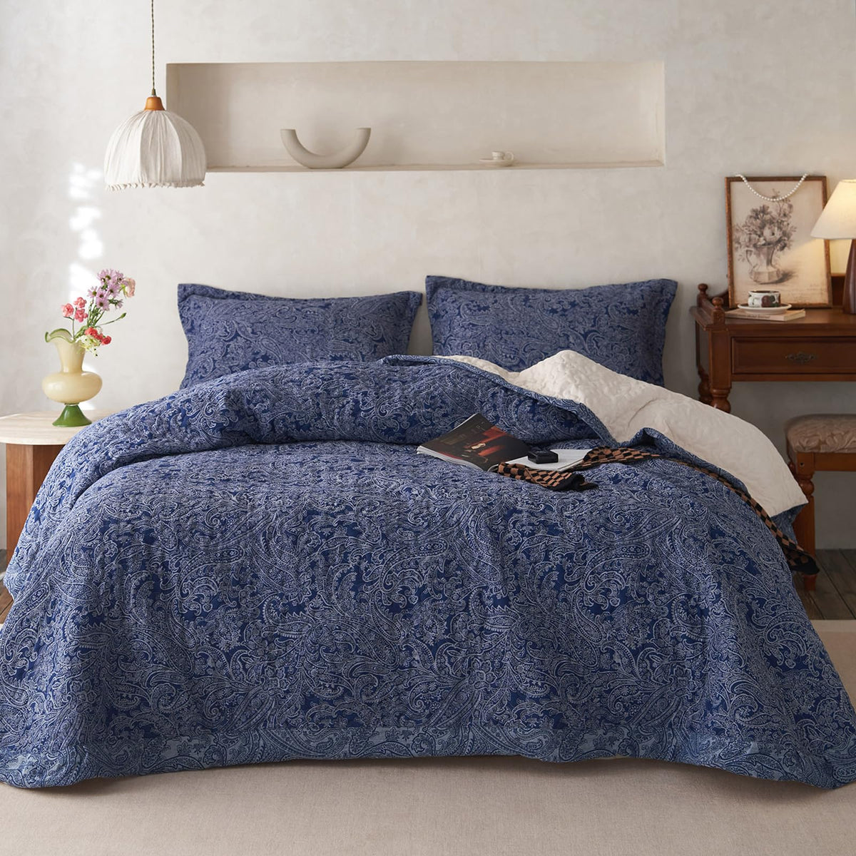 Navy Blue Floral King Size Quilt Set Soft Cotton Double-Layer Neutral Style Paisley Quilt Bedding Set Farmhouse