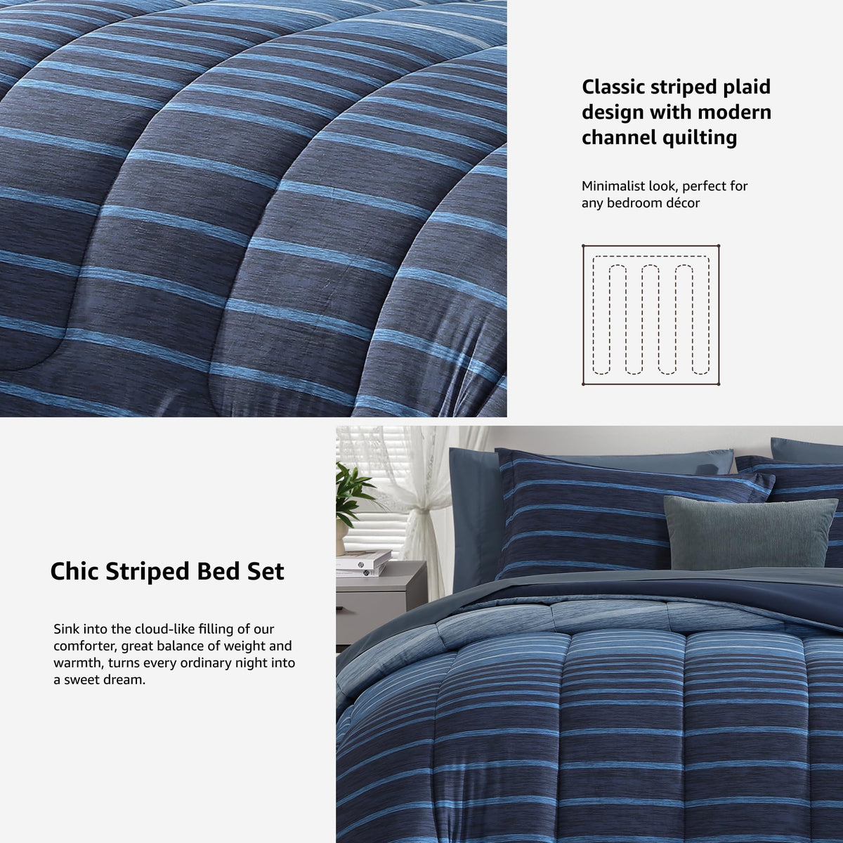 Comforter Set - 7 Pieces Bed in a Bag, Navy Blue-Stripe Bedding Sets, All Seasons Comforter Bed Set
