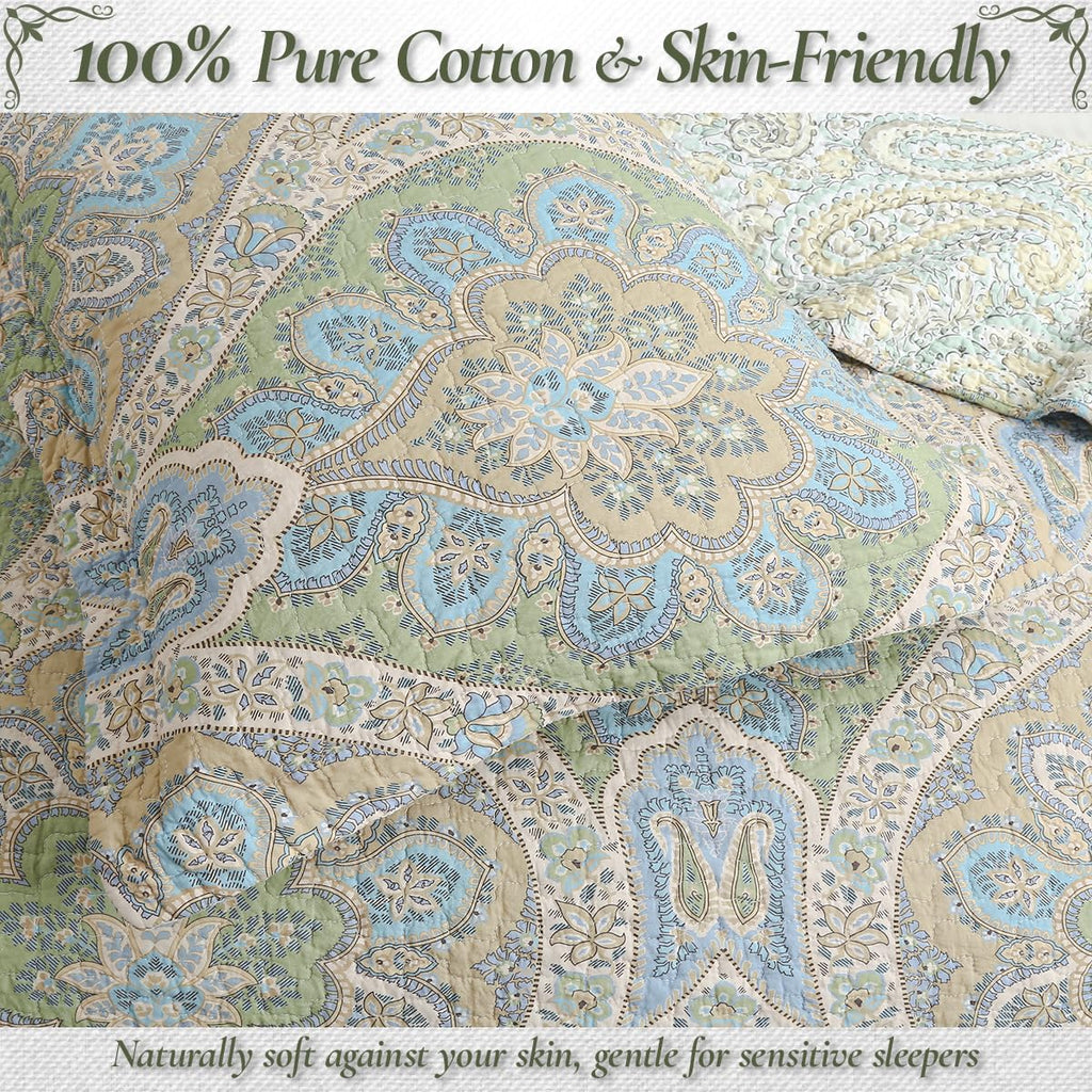 Blue Green Paisley Quilt Set - 3-Piece 100% Cotton Reversible Bedspread with Shams, Lightweight All Season Medallion