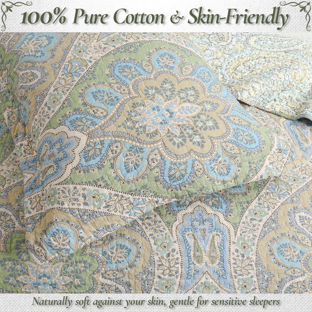 Blue Green Paisley Quilt Set - 3-Piece 100% Cotton Reversible Bedspread with Shams, Lightweight All Season Medallion