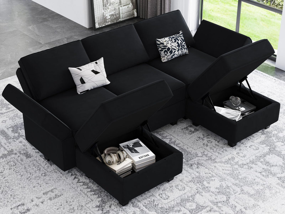 Modular Sectional Sofa with Double Chaise Velvet U Shaped Sofa Reversible Sectional Couch with Storage Black