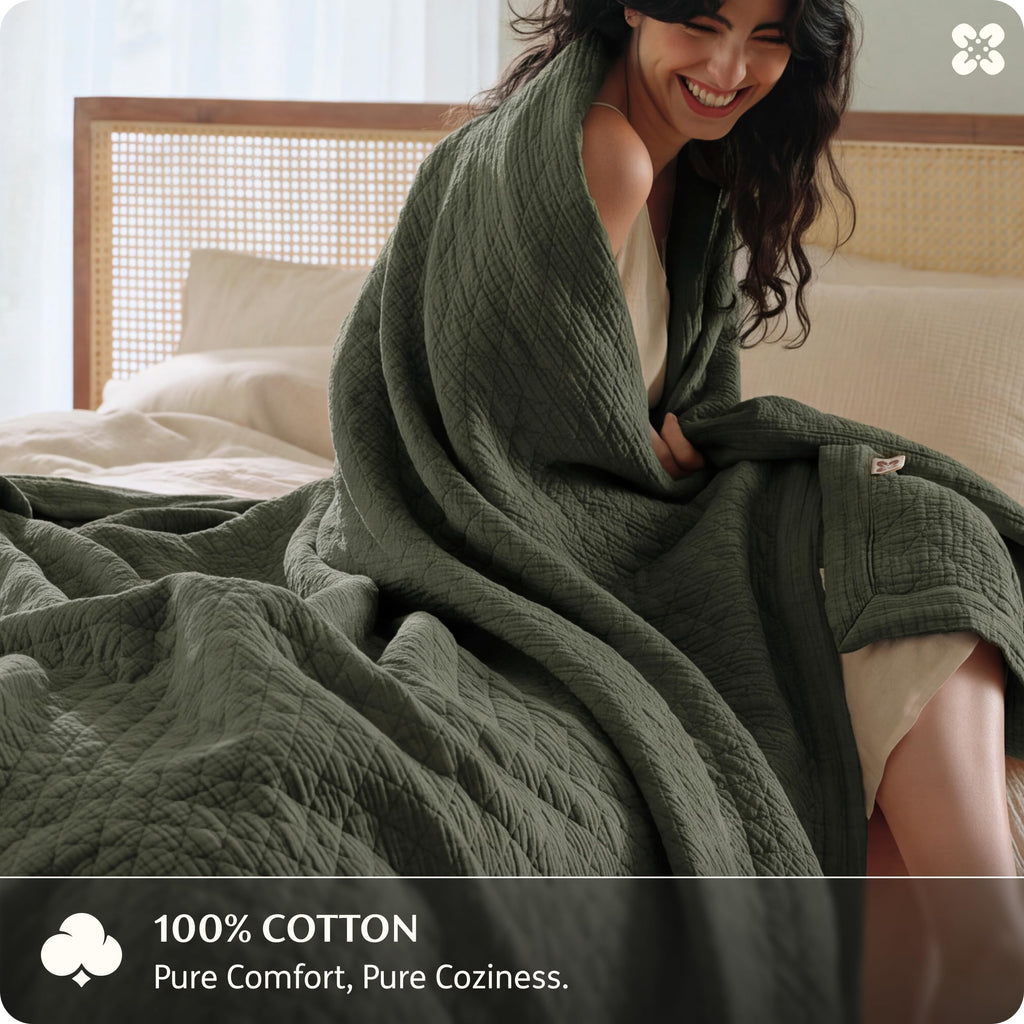 PureWoven 100% Cotton Muslin Blanket 8-Layer, Olive Green