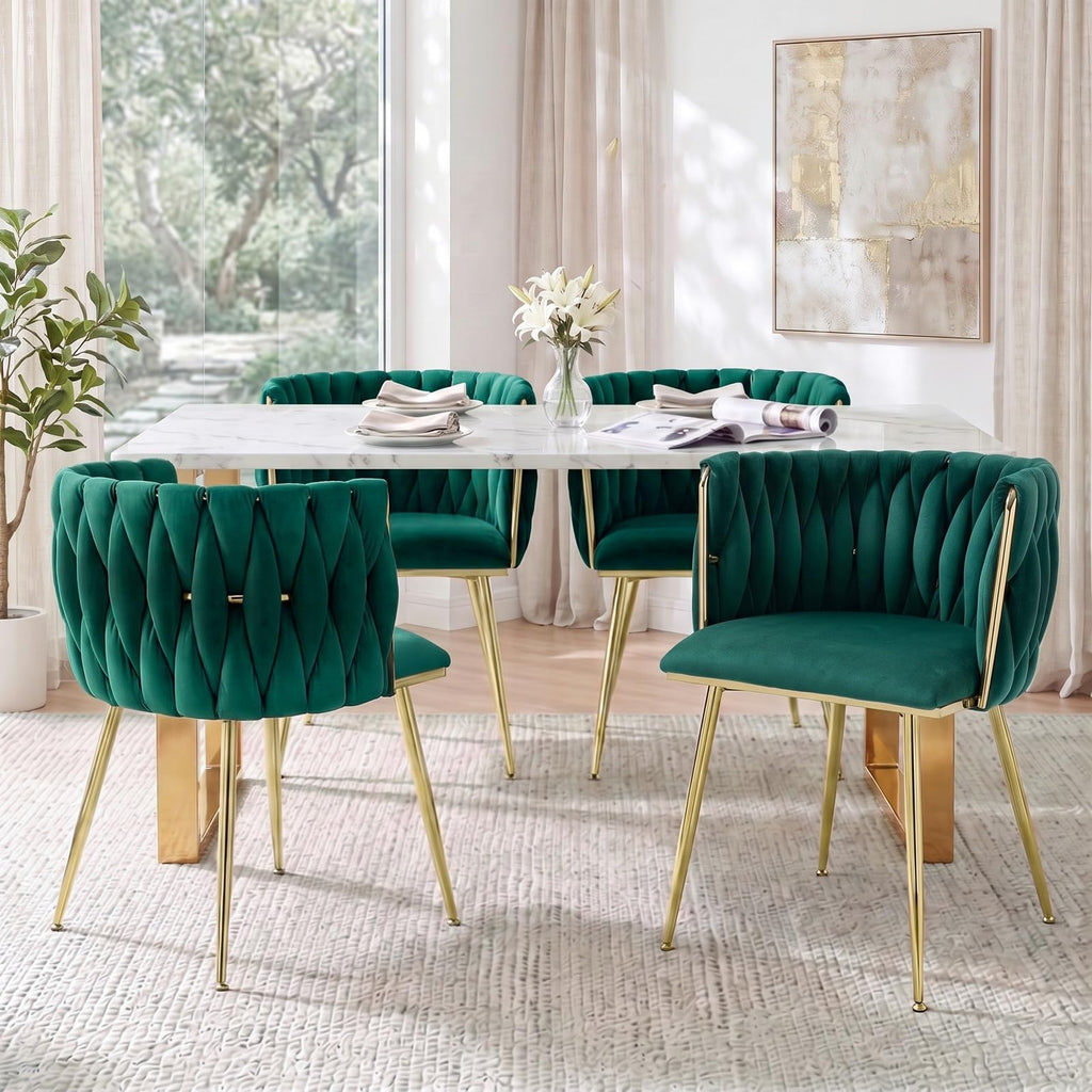 Velvet Dining Chairs Set of 4, Woven Upholstered Kitchen Chairs