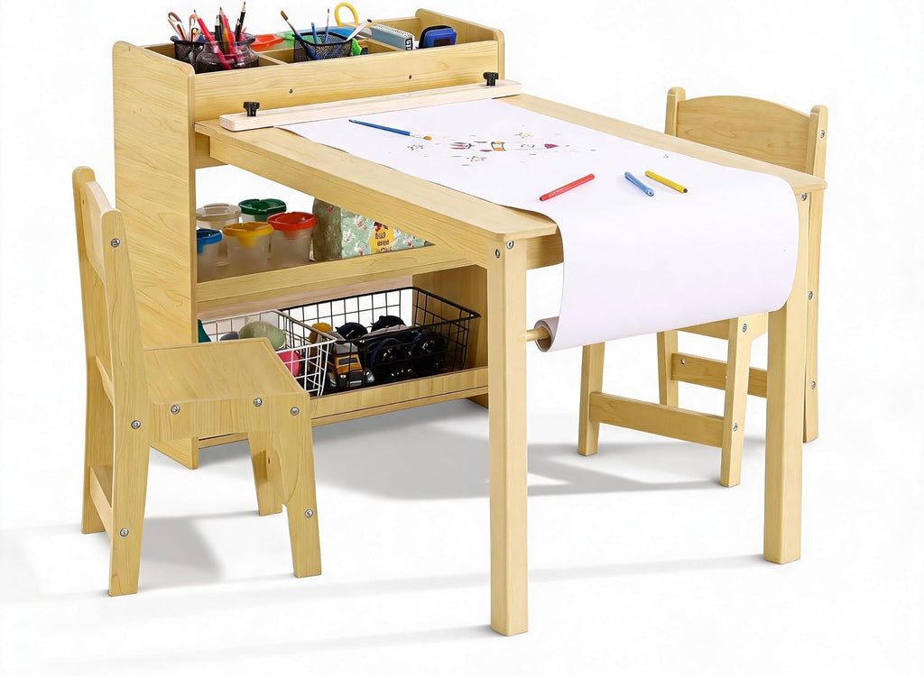 Kids Art Table with 2 Chairs Set, Toddler Craft Desk with Storage Shelves, Drawing Table with Paper Roller Yellow