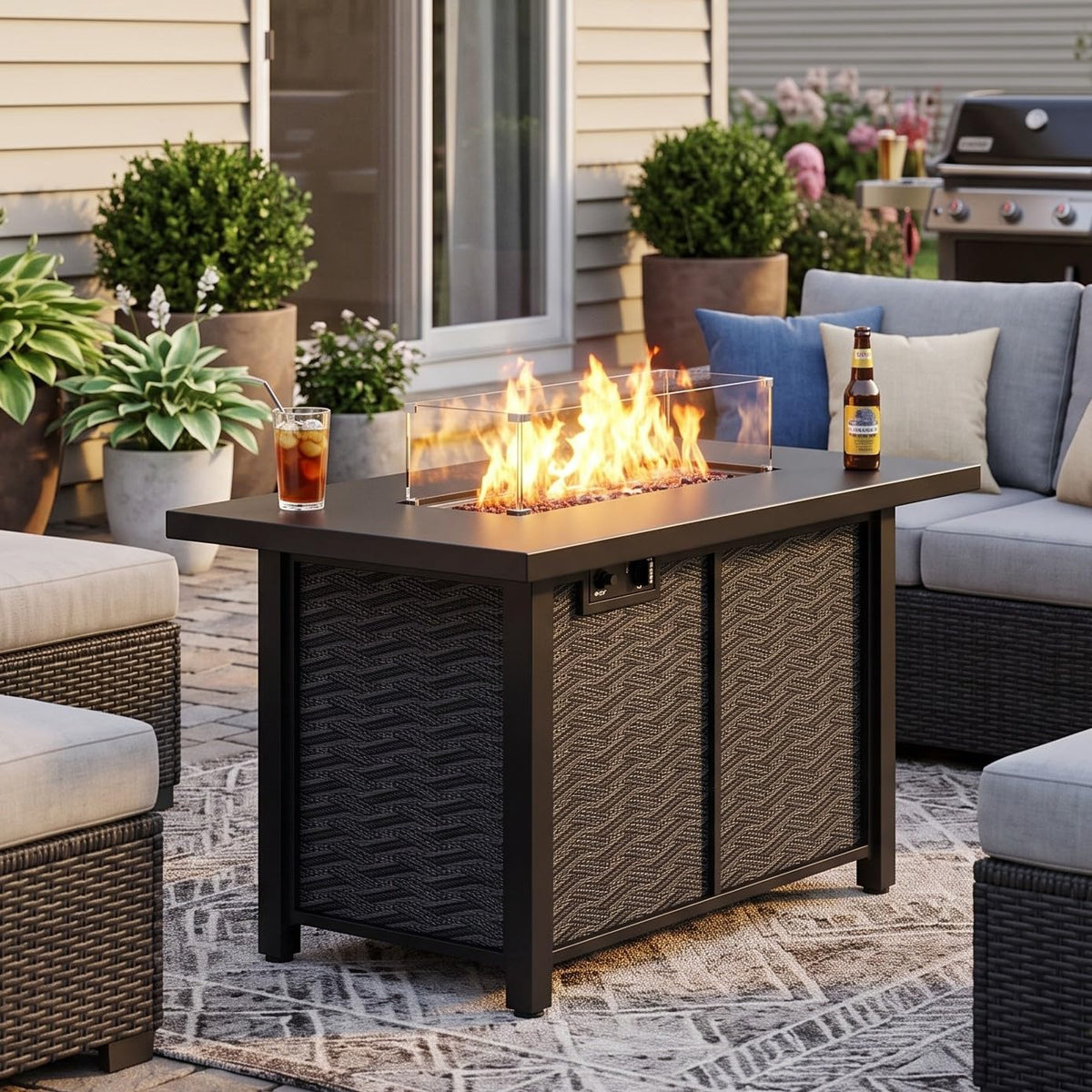 Propane Fire Pit, 43" Outdoor Gas Fire Pit Table, 50, 000 BTU 2-in-1 Texteline Pattern Fire Table with Removable Lid