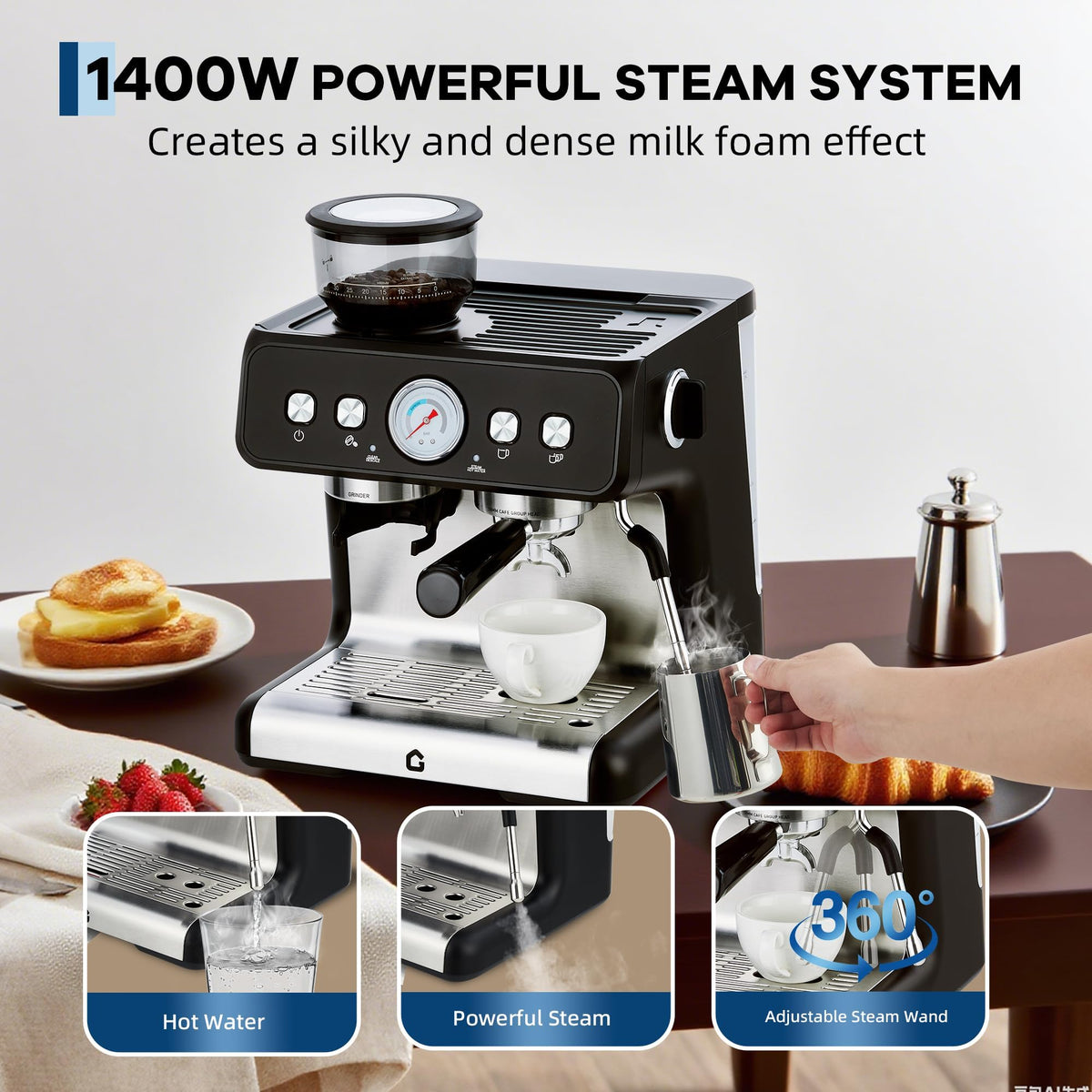Deluxe Espresso Machine with Double Boiler, Built-in Burr Grinder