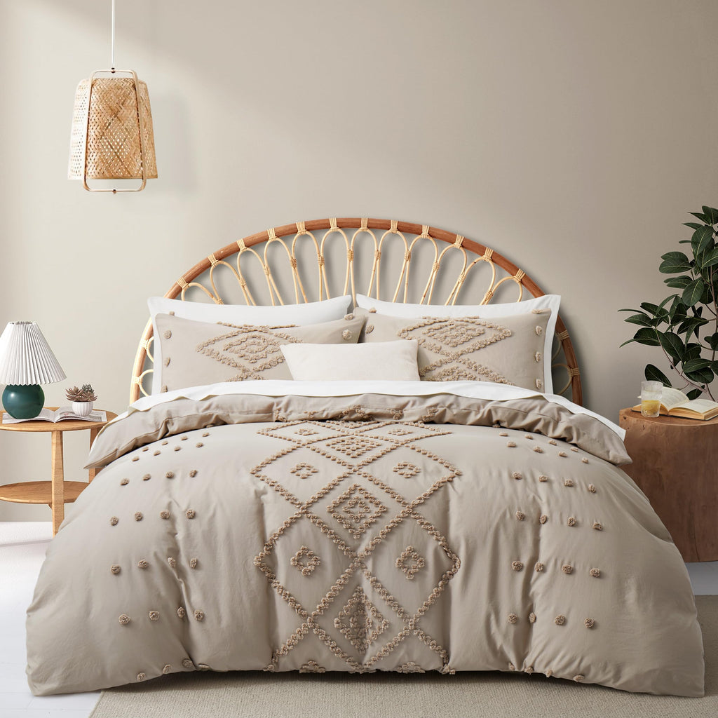 Tufted Boho Queen Duvet Cover Set, Khaki, 3 Pieces