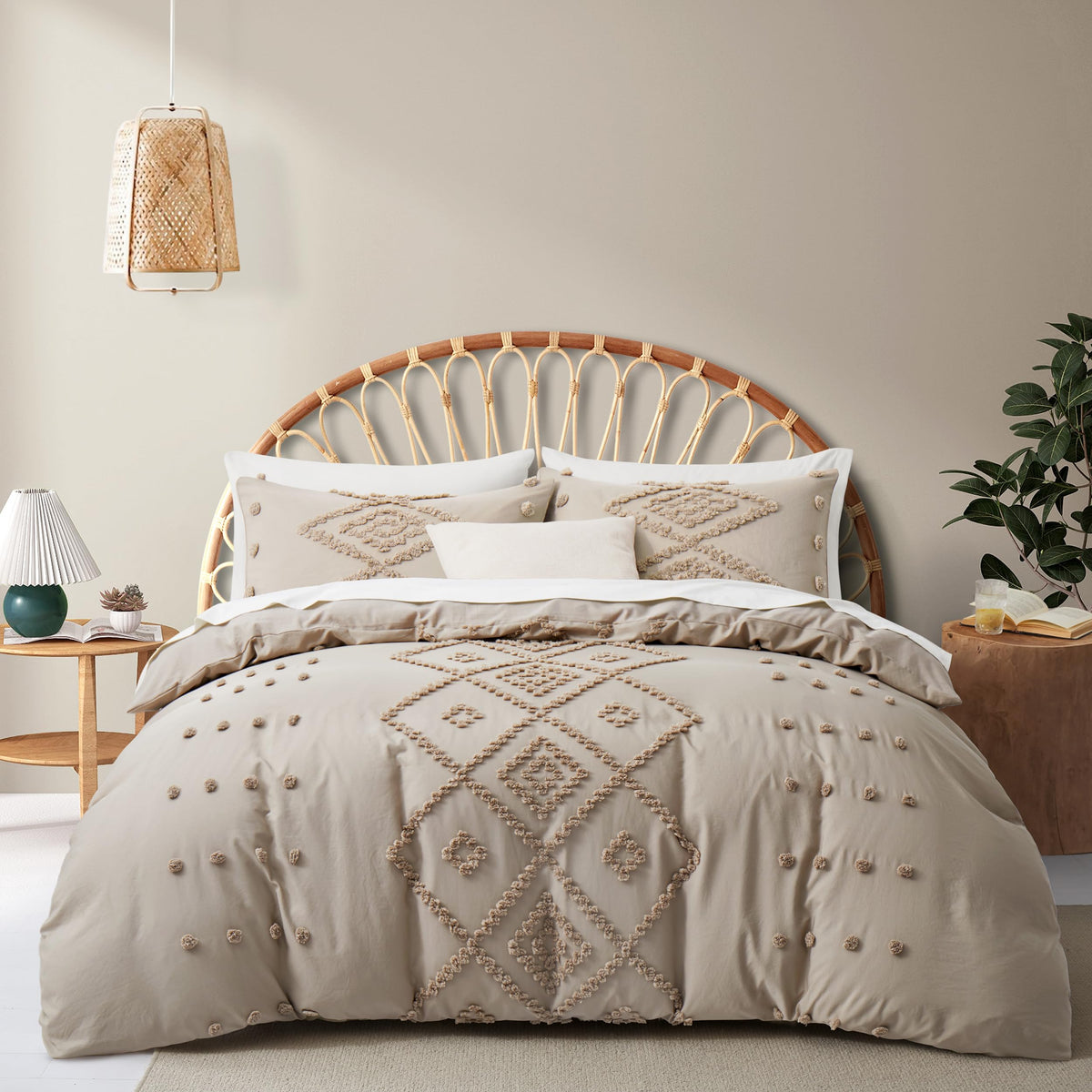 Tufted Boho Queen Duvet Cover Set, Khaki, 3 Pieces