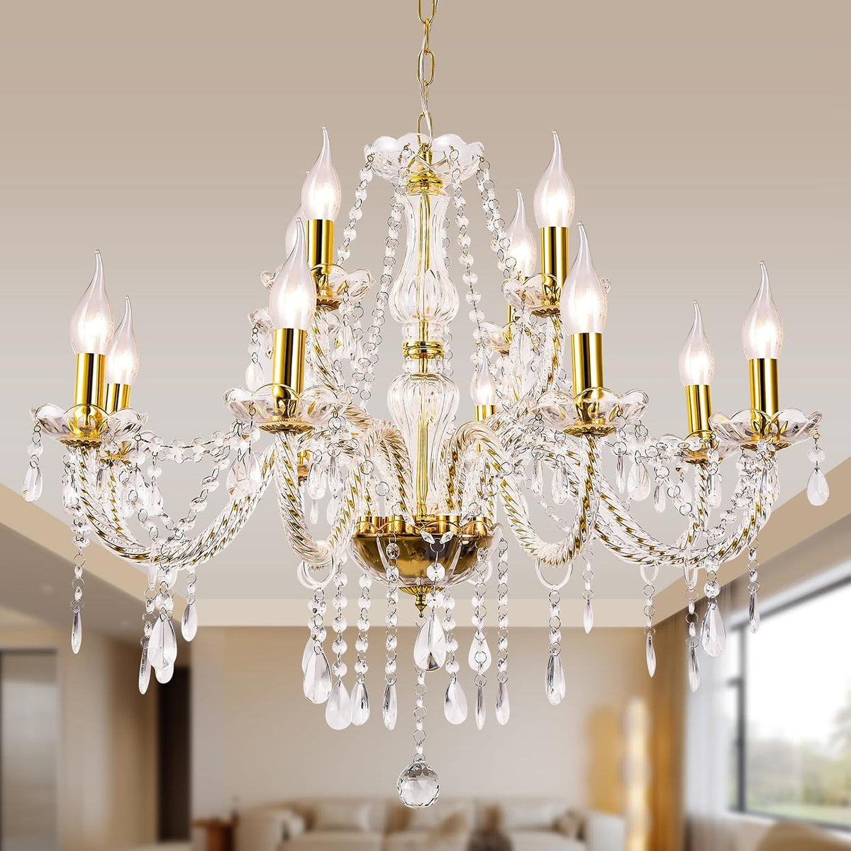 Twelve-Light Modern K9 Crystal Glass Chandelier with Layered Drops