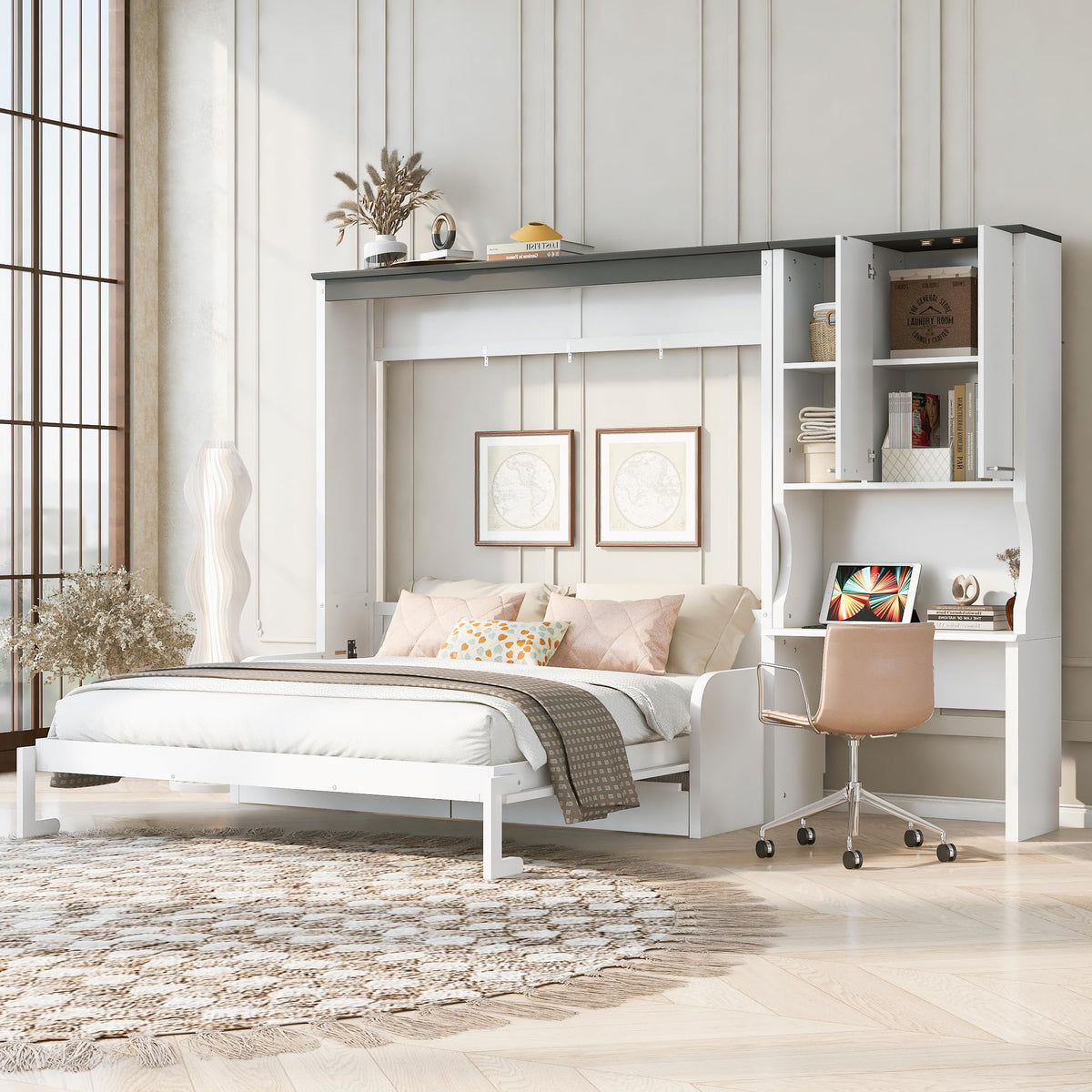 Queen Murphy Bed with Sofa & Desk White