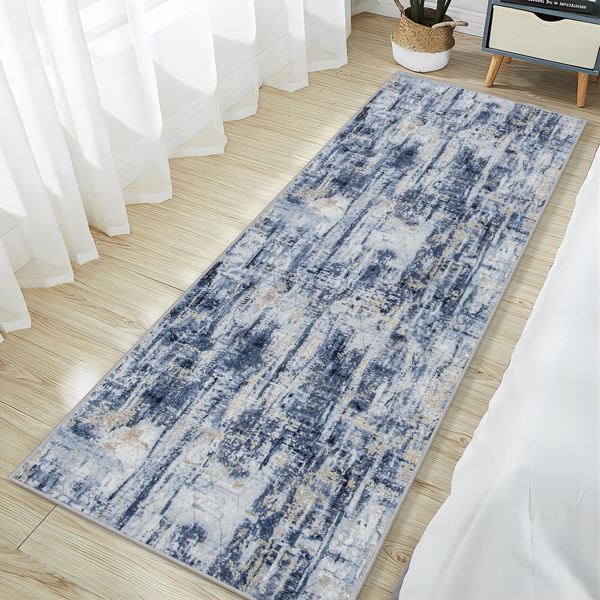 2'6''x8' Runner Rugs Washable Rug: Modern Abstract Hallway Blue Gold Carpet