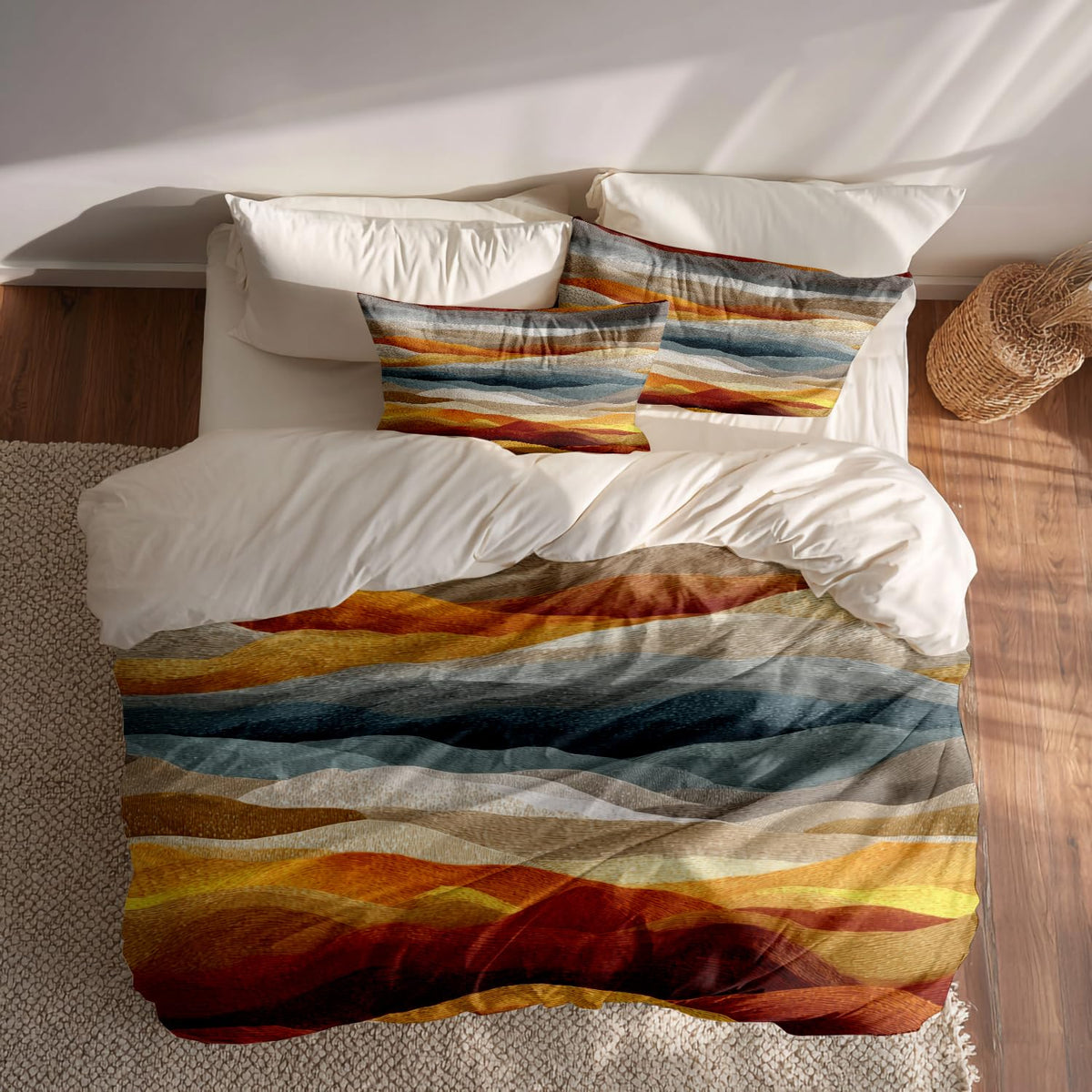 Horizontal Ochre Bands Duvet Cover Set, 3 Pieces Colorful Wave Like Landscape 100% Cotton Bedding Sets