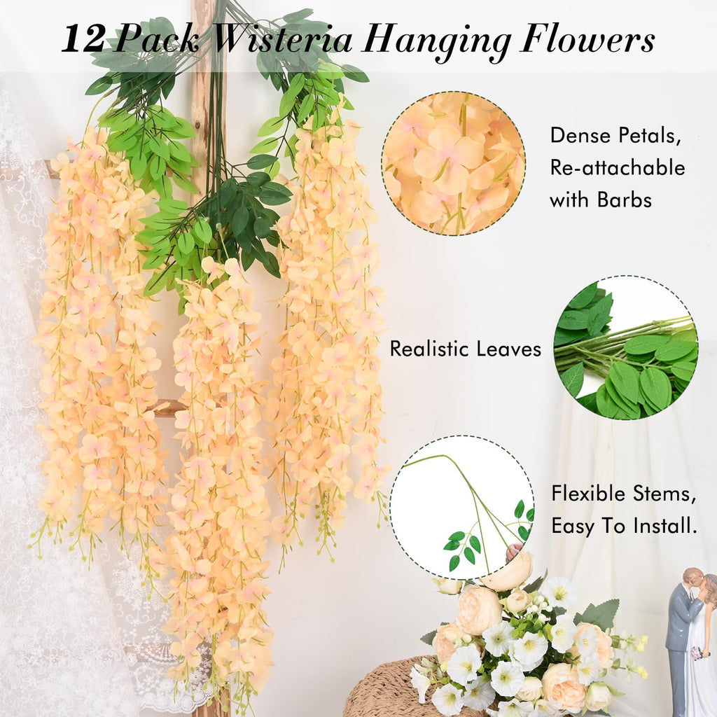12 Pack Wisteria Hanging Flowers, 3.6 Feet Champagne Wisteria Artificial Flowers, Artificial Fake Flower Garland