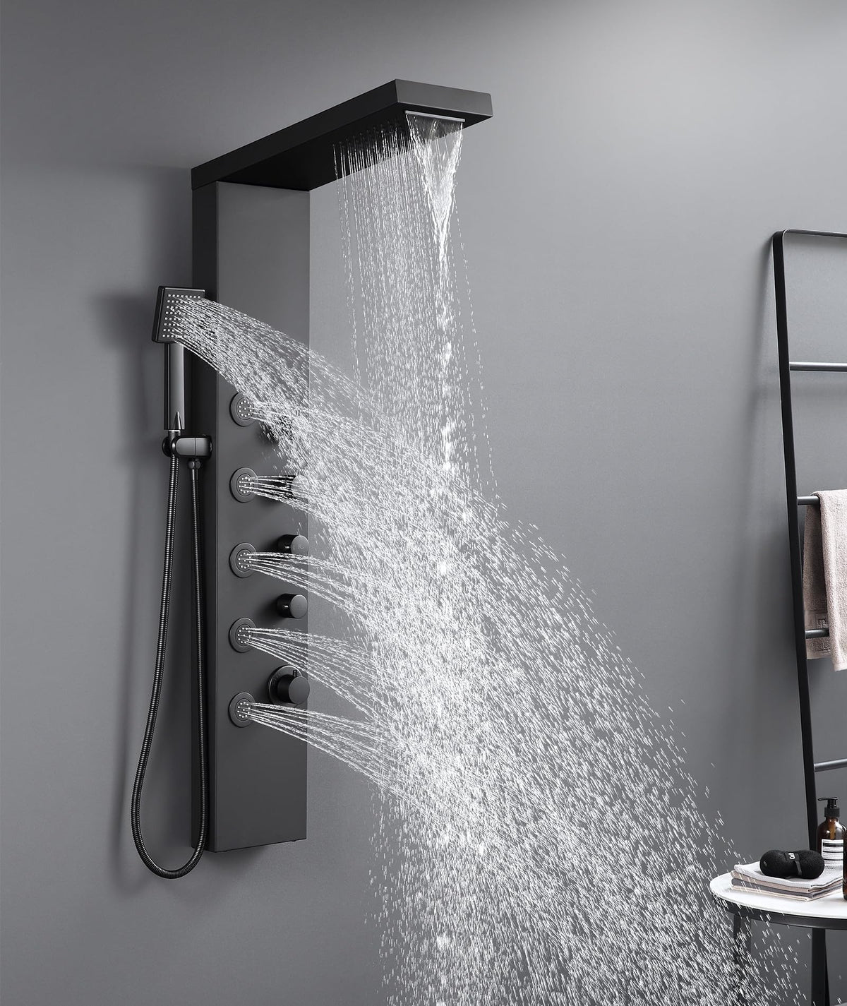 4-in-1 Rainfall Waterfall Shower Panel Tower System, Matte Black