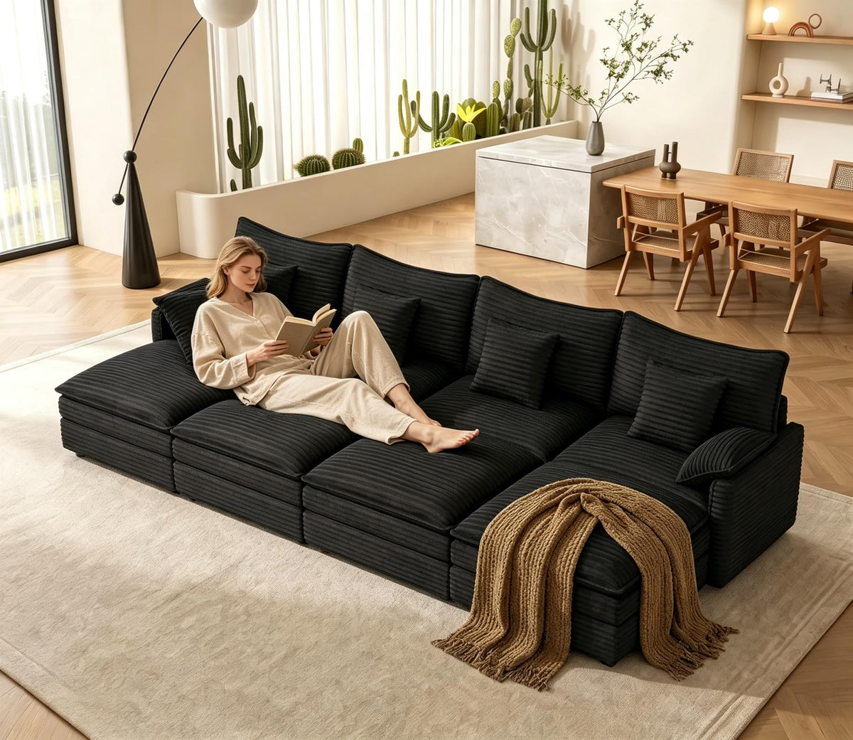 142" Cloud Sleeper Couch Living Room, Sectional Sofabed, Black