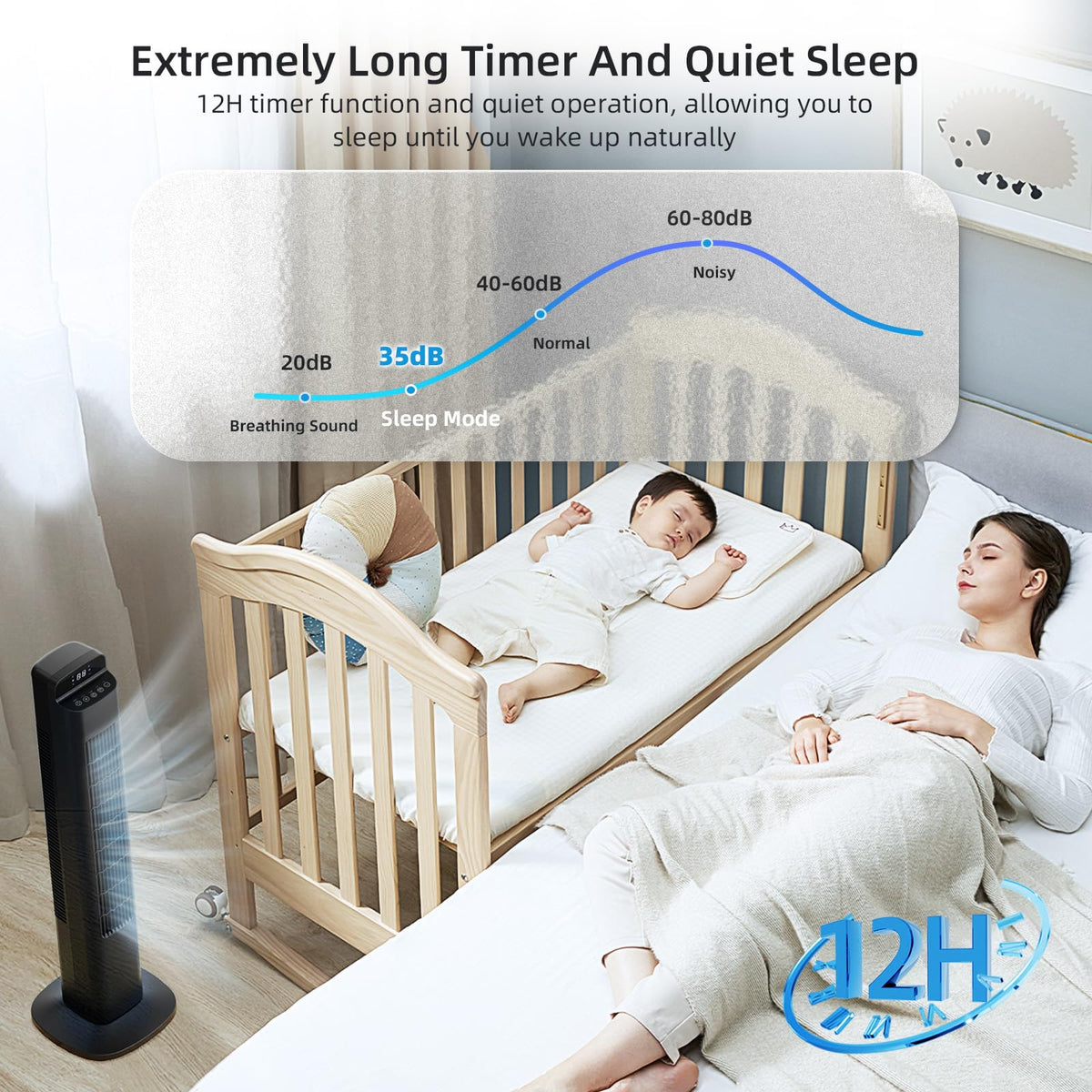 Portable Tower Fan, 80°Oscillation Fan, with Remote Control, Standing Bladeless Fan, 5 Speeds and 3 Modes, Low Noise