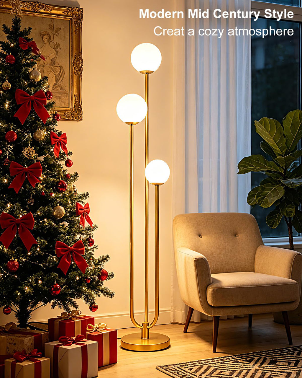 63IN 3-Light Dimmable Floor Lamp, Unique Gold Tall Standing Lamps with 3000K G9 Bulbs for Reading, Mid Century Modern