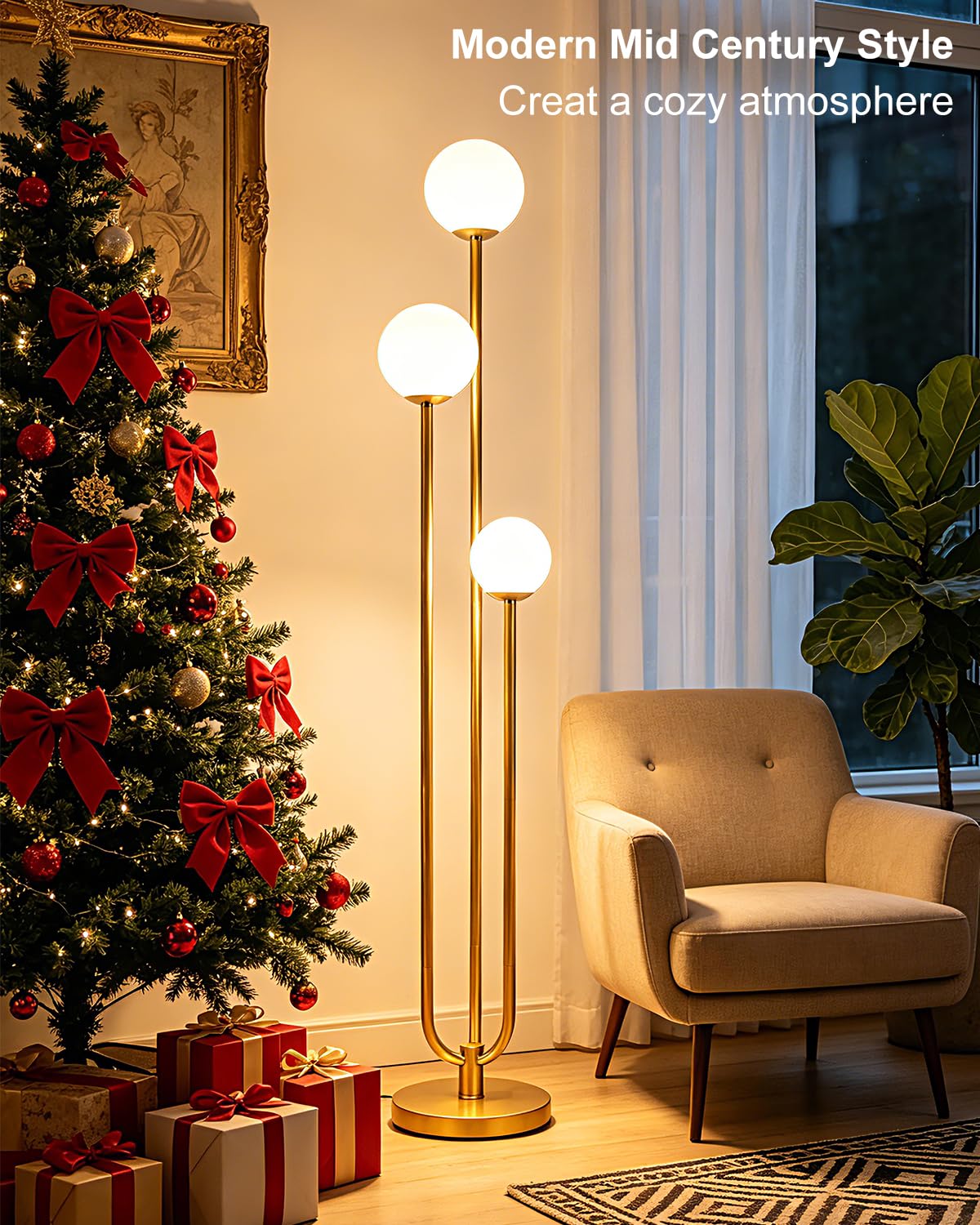 63IN 3-Light Dimmable Floor Lamp, Unique Gold Tall Standing Lamps with 3000K G9 Bulbs for Reading, Mid Century Modern