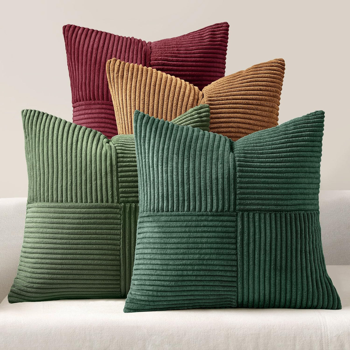 Boho Christmas Green Decorative Throw Pillow Covers 20x20 Farmhouse Cushion Covers Color-Clash Corduroy - Set of 4