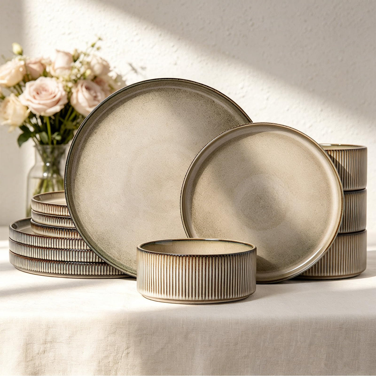 12PCS Ceramic Dinnerware Set for 4, Stoneware Plates and Bowls Sets