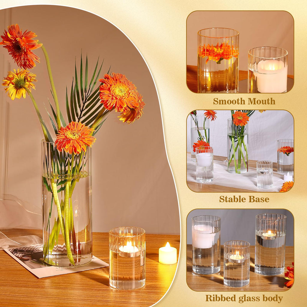 6 Pack Ribbed Glass Cylinder Vases 4, 6, 10 Inch Tall Clear Flower Vase Hurricane Floating Candle Holder for Table
