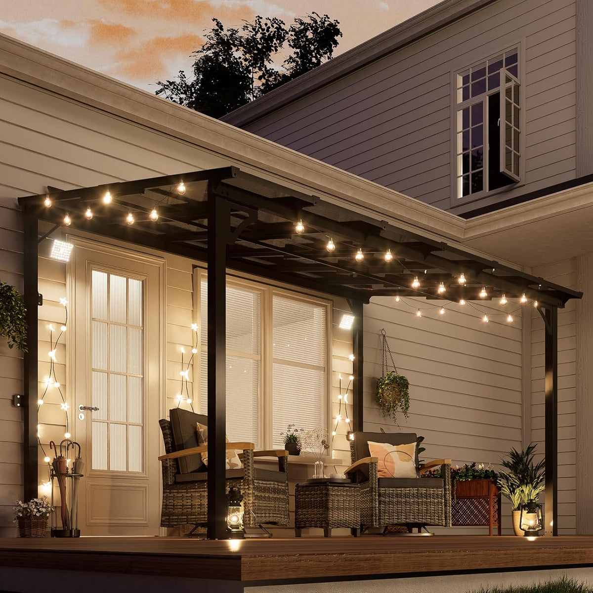 8' x 12' Wall Mounted Pergola, Lean to Metal Awnings, Sloped Roof Patio Gazebo Awning, Black