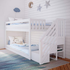 Low Bunk Bed, Twin-Over-Twin Bed Frame For Kids With Stairs, White