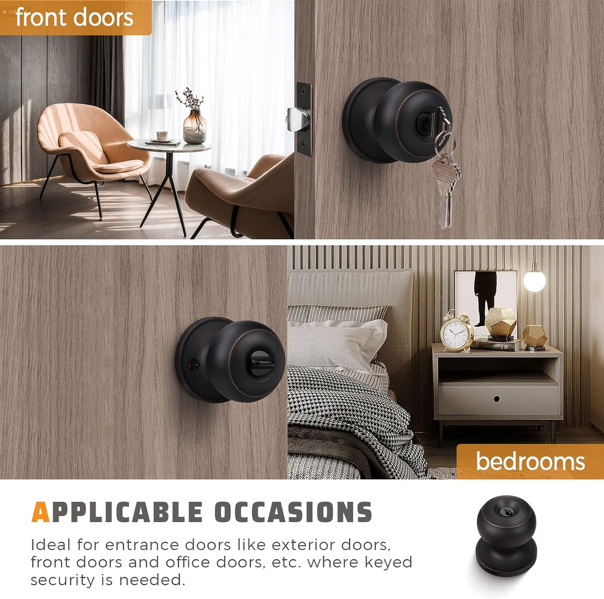 6 Pack Keyed Alike Exterior Door Knobs With Oil Rubbed Bronze Finish, Entry Bedroom Lock and Key, Entrance Set