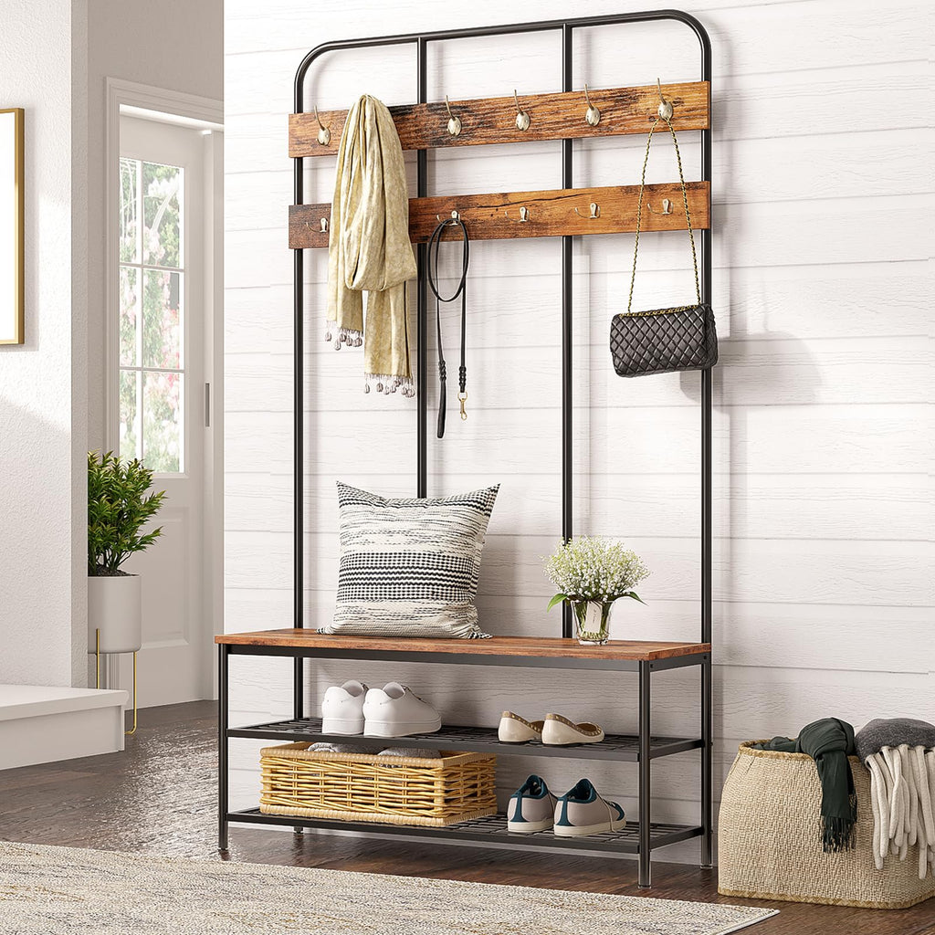 Hall Tree with Bench, Entryway Bench with Coat Rack, Mud Room Rack with 12 Double Hooks and Shoe Storage, Coat Tree