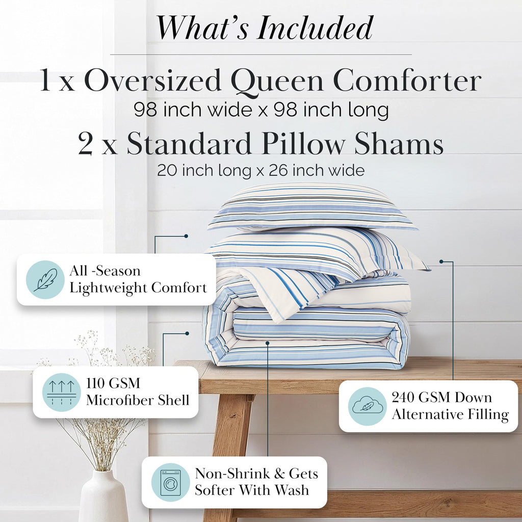 Striped Comforter Queen Set w/ 2 Pillow Shams, Coastal Bedding Stripe Blue