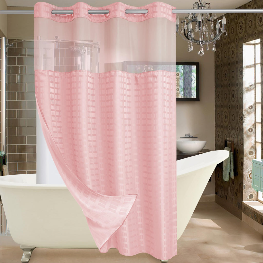 Stall No Hook Shower Curtain with Snap in Liner Set, Hotel Luxury Pink Shower Curtains with See Through Top Window