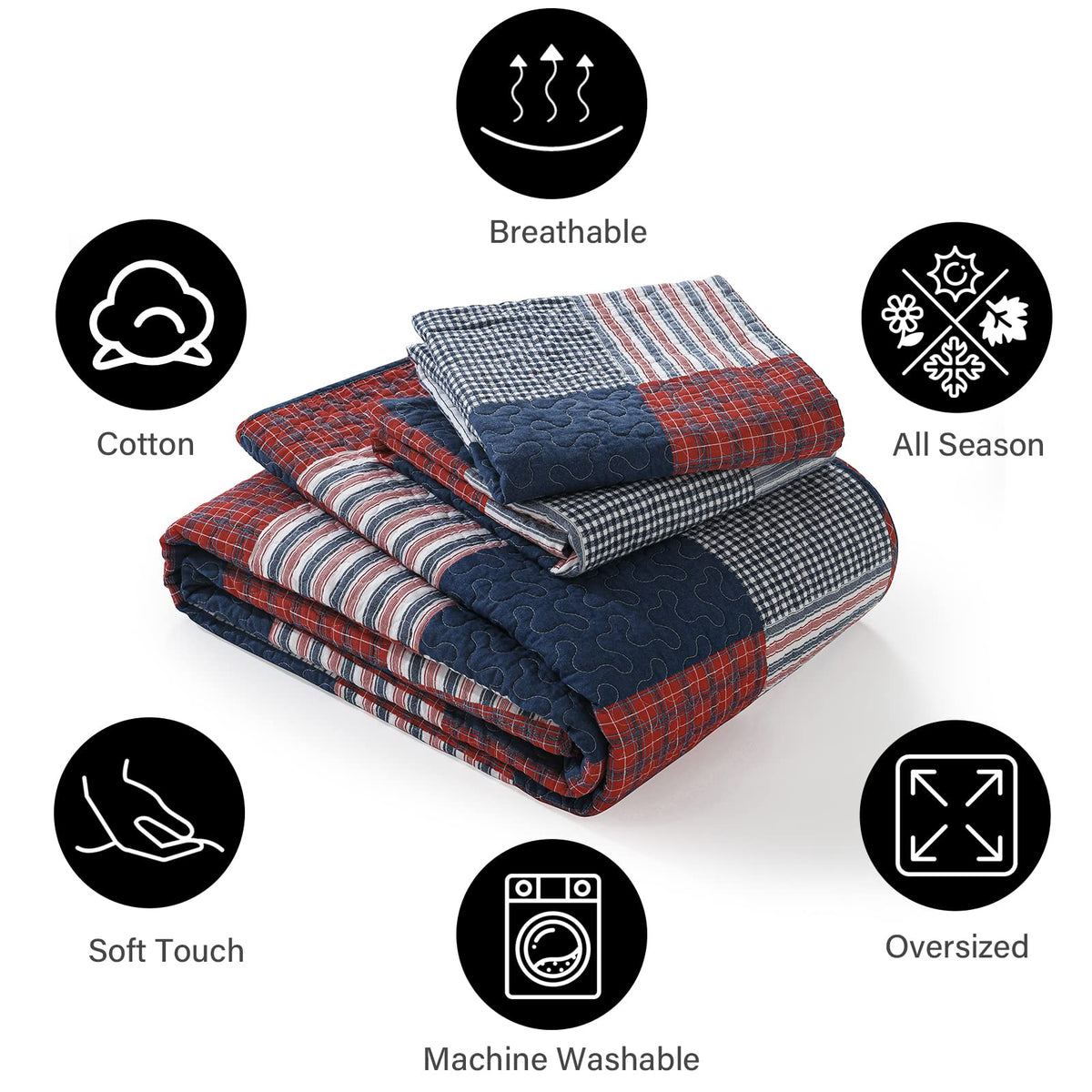 100% Cotton Quilt Set, Patchwork Plaid Quilt Bedding Set Bedspreads, Farmhouse Lightweight Comforter
