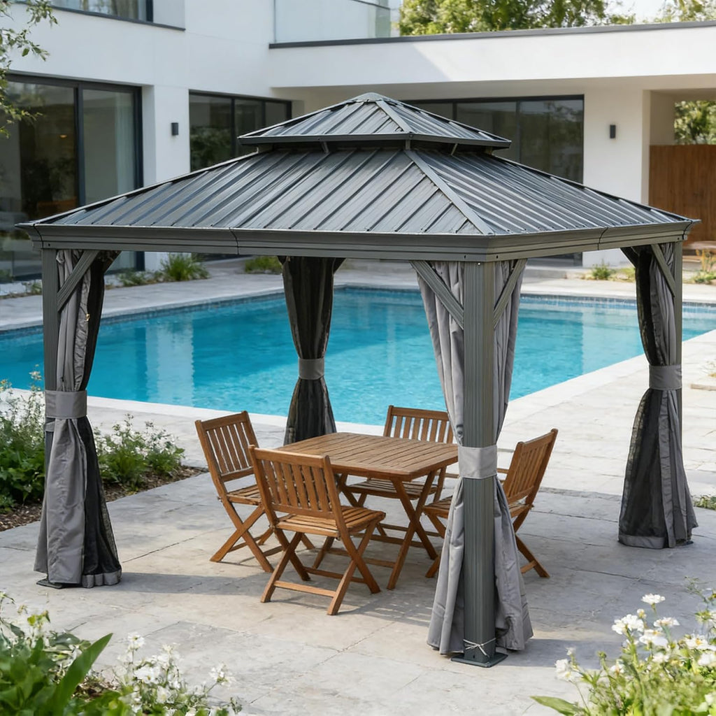 13x13FT Outdoor Gazebo, Hardtop Gazebo with Galvanized Steel Double Roof