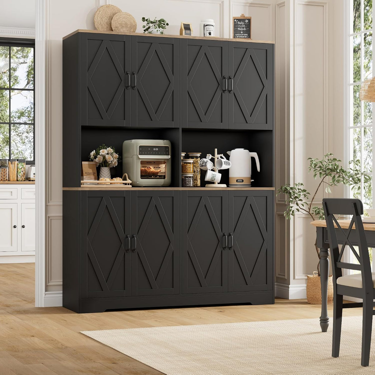 55" W Pantry Cabinet, 71" Tall Kitchen Hutch Storage Cabinet, Black