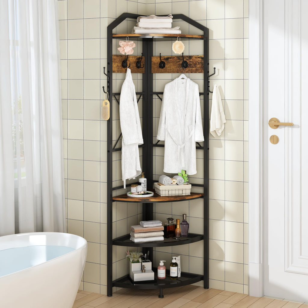 Corner Coat Rack with Storage, Entryway Hall Tree with Shoe Rack and Hooks, Freestanding Clothes Rack Corner Shelf