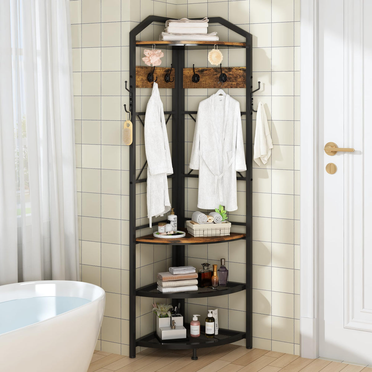 Corner Coat Rack with Storage, Entryway Hall Tree with Shoe Rack and Hooks, Freestanding Clothes Rack Corner Shelf