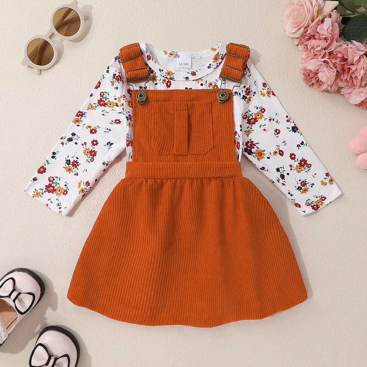 Toddler Baby Girl Fall Outfit Long Sleeve Stripe T-Shirt and Strap Dress Overall with One Pocket Clothes Sets