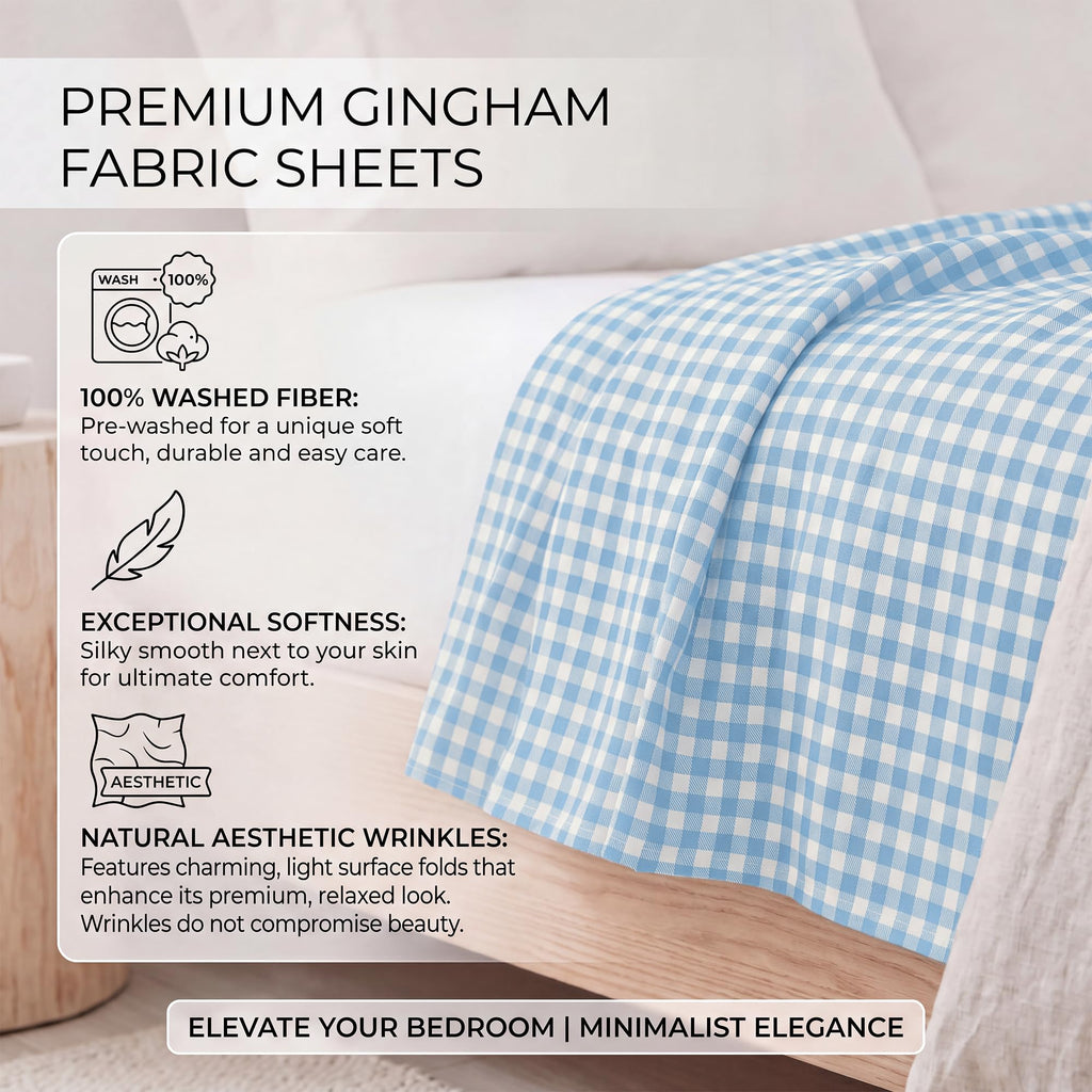 Light Blue Plaid Sheets 4-Piece Set Soft Brushed Microfiber Gingham Bed Sheets 16" Deep Pocket Coastal