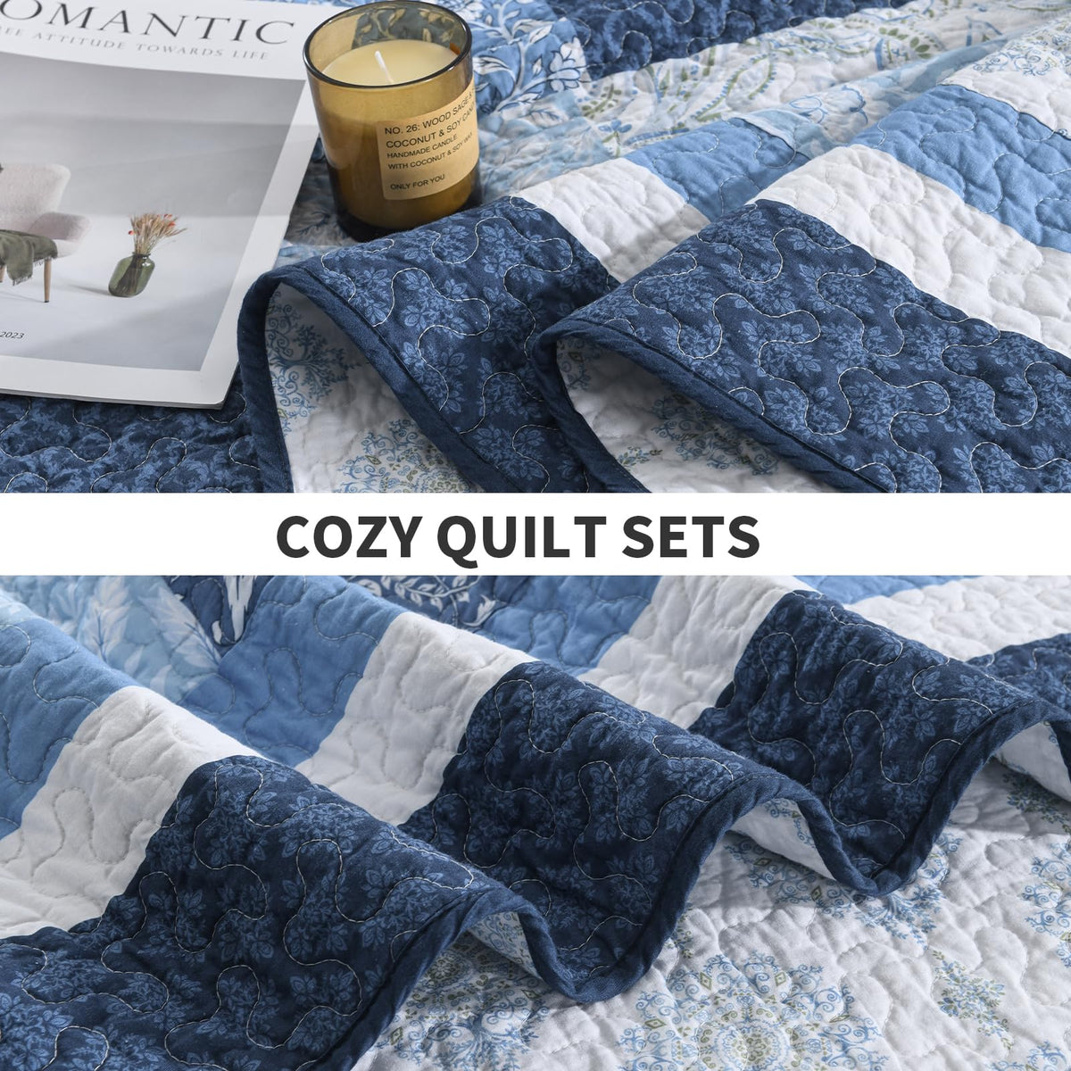 100% Cotton Quilt Set, Farmhouse Floral Patchwork Bedspreads