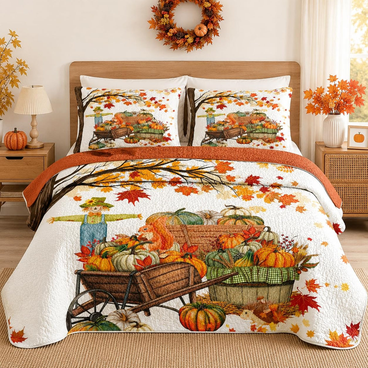 Fall Quilt Set, 3 Pieces Farmhouse Maple Bedding, Bedspread