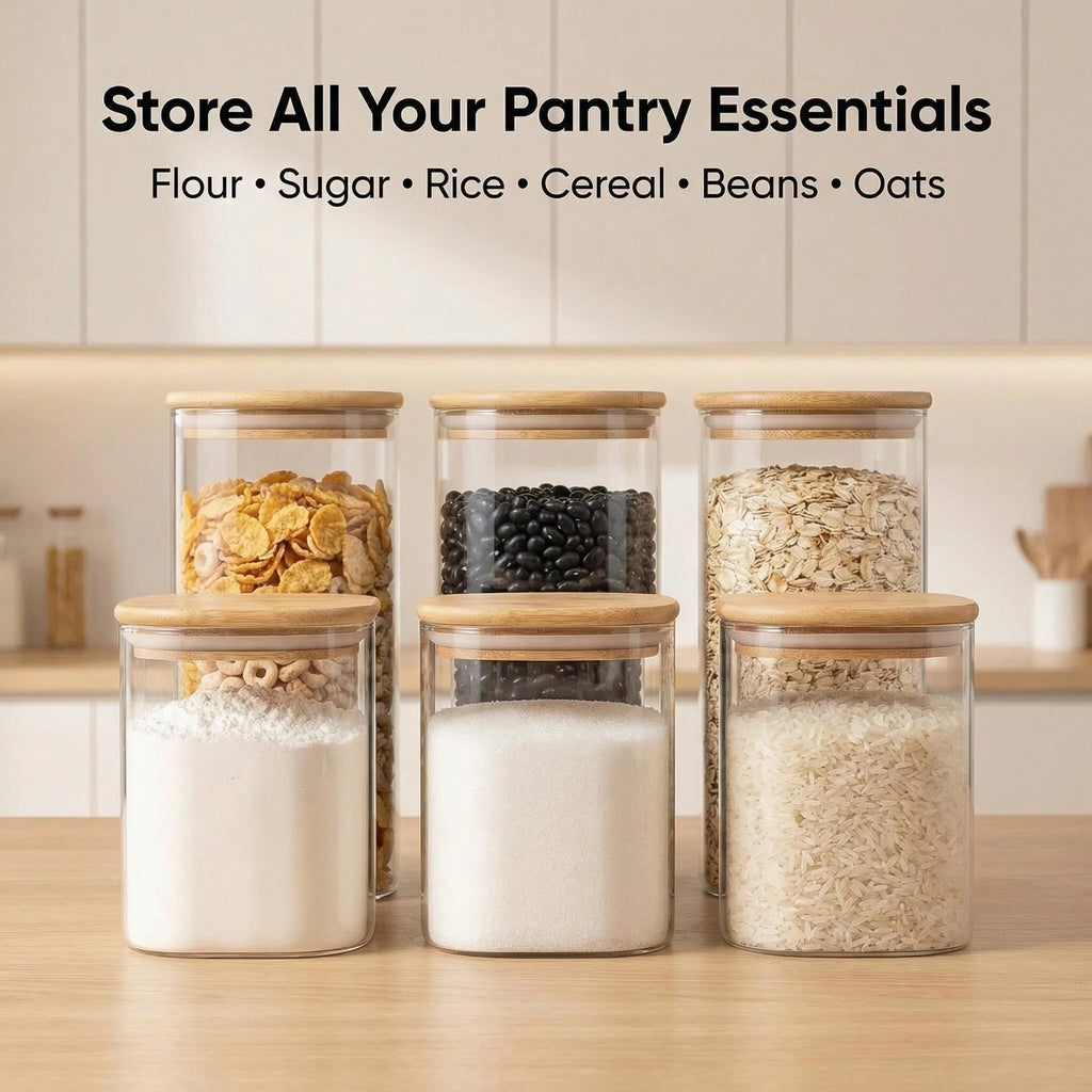 Airtight Glass Storage Containers with Lids Set of 6, 25 /37 /50oz Square Glass Jars with Bamboo Lids, Kitchen