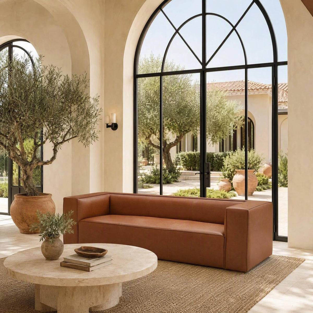 90.94-Inch Cognac Tan Faux Leather Sofa, Large 3-Seater Couch