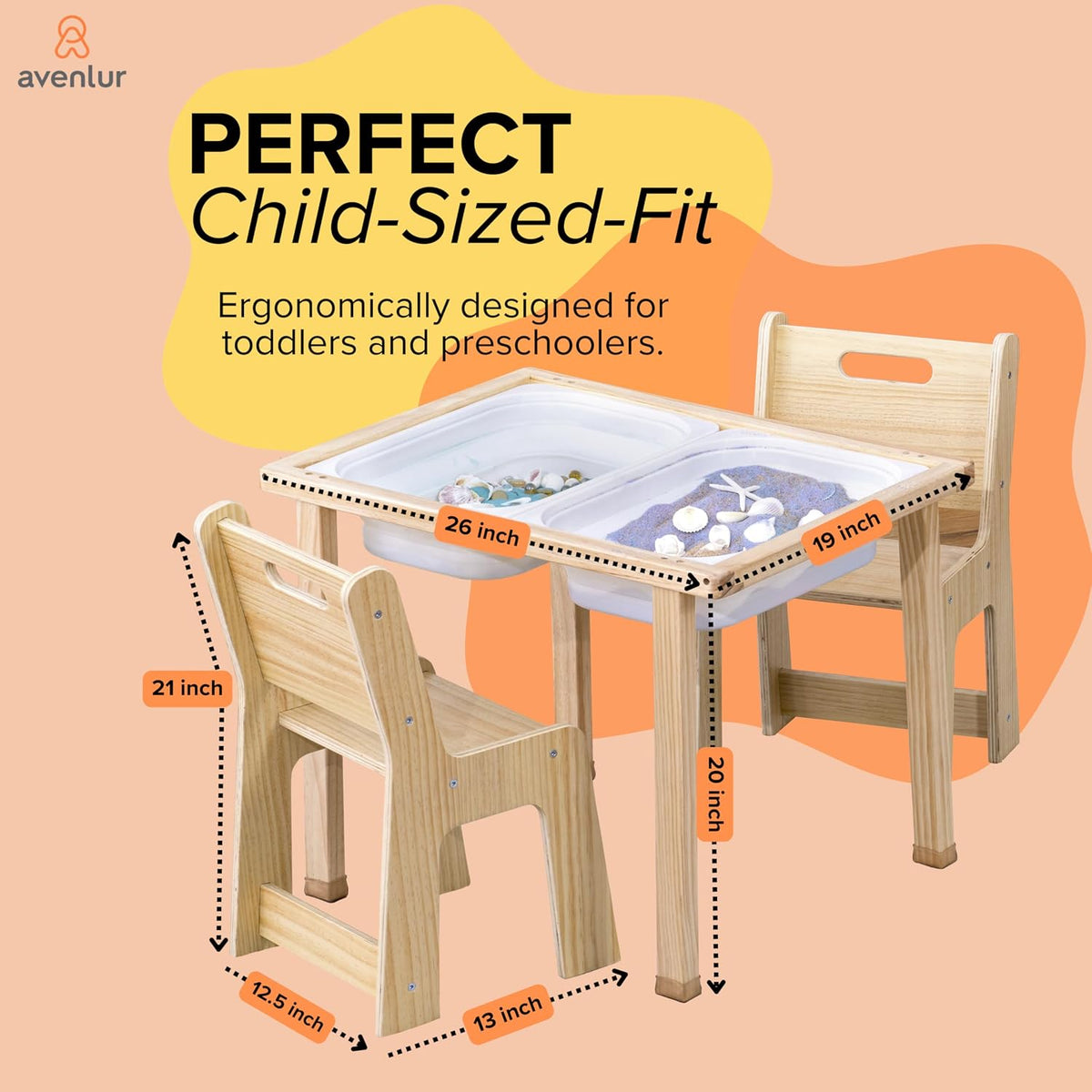 Cordia Kids Table and Chair Set - Montessori-Inspired Kids Workbench - with Two Chairs, Two Collapsible Bucket