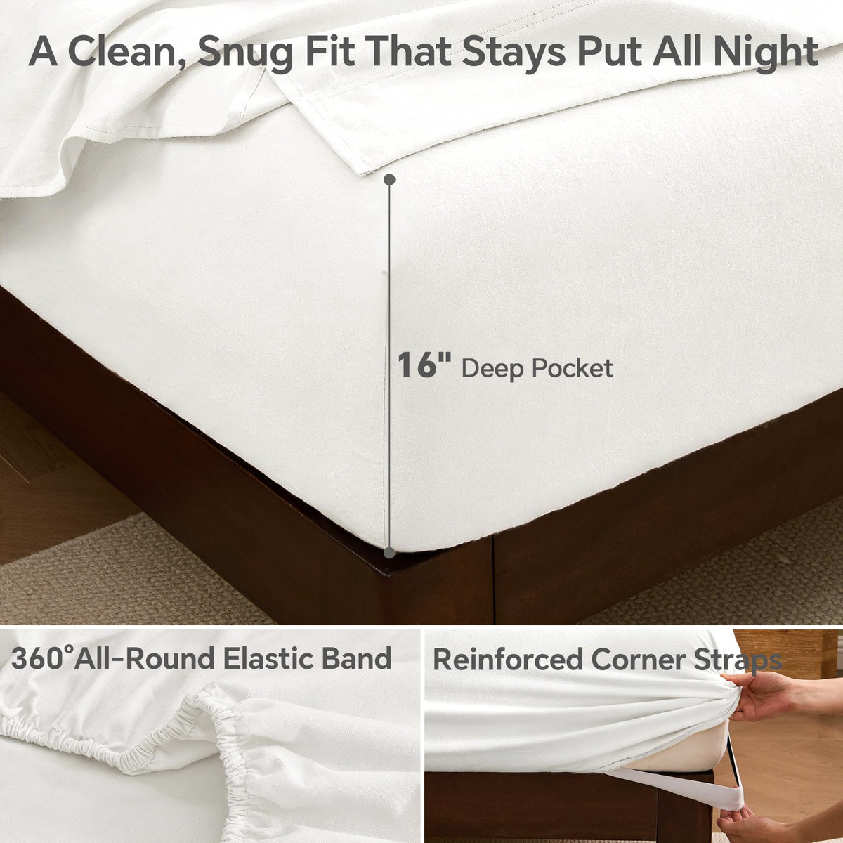 100% Cotton Flannel Sheets, White, 4 Pieces