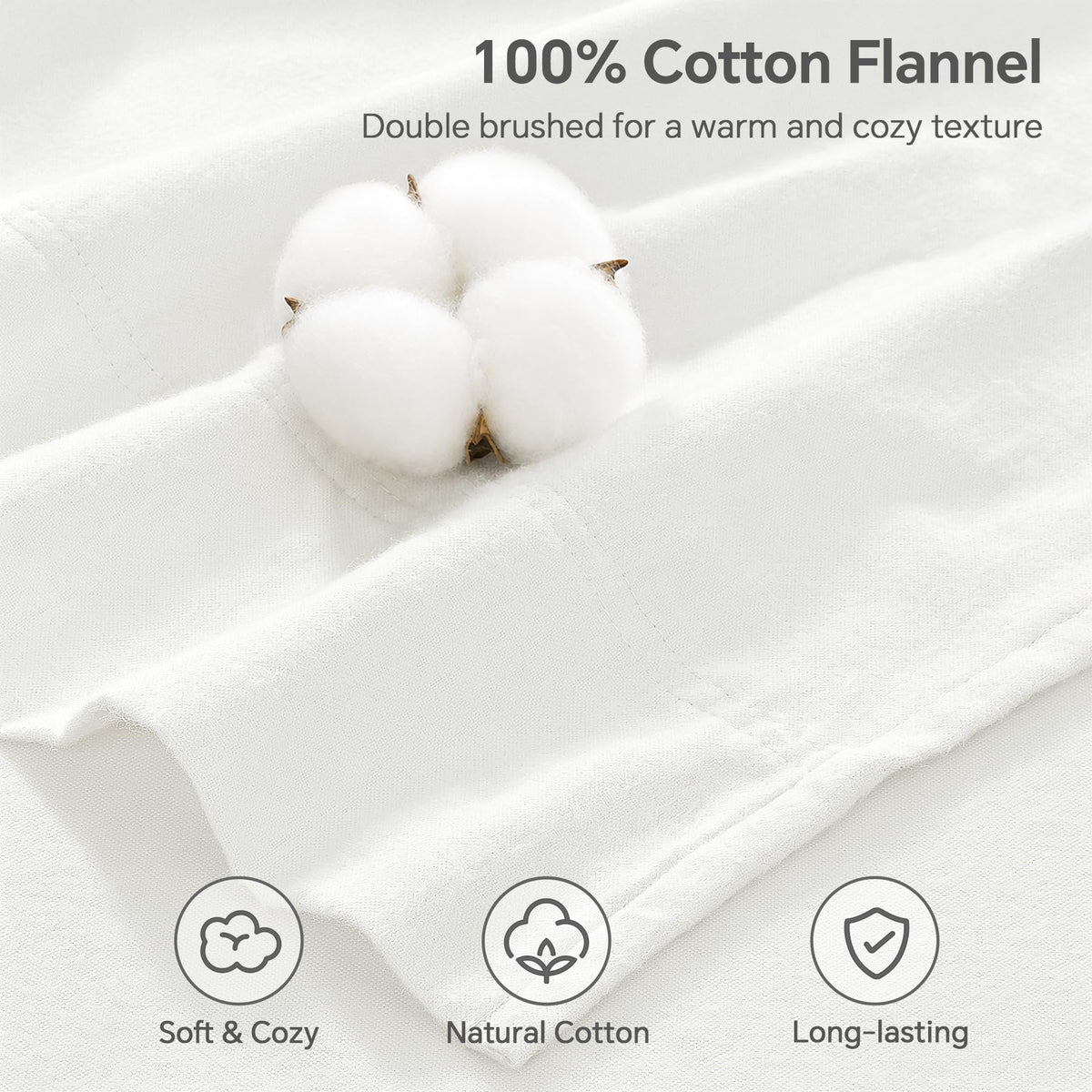 100% Cotton Flannel Sheets, White, 4 Pieces