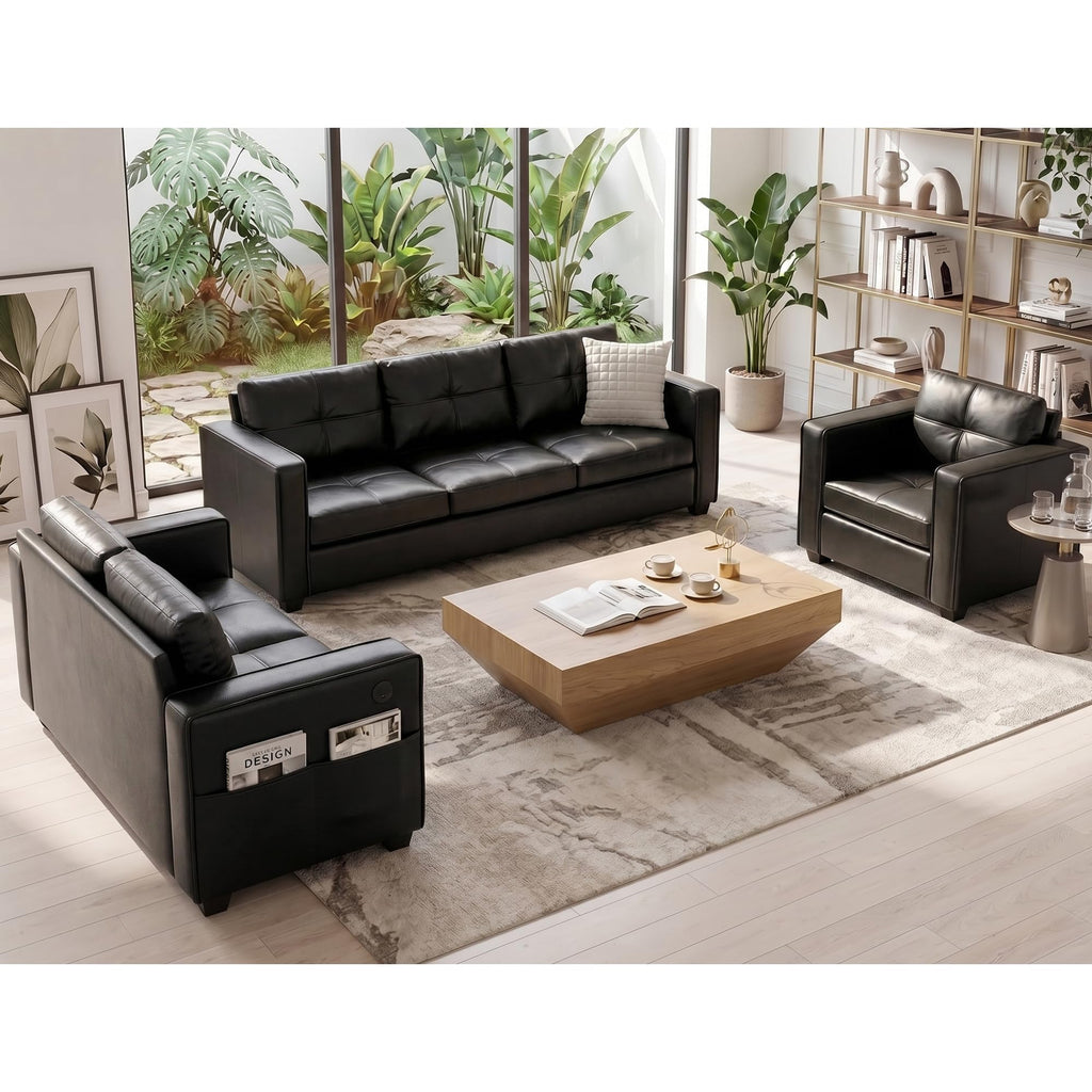 Black Faux Leather Sectional Couch, 3-Piece Sofa Set